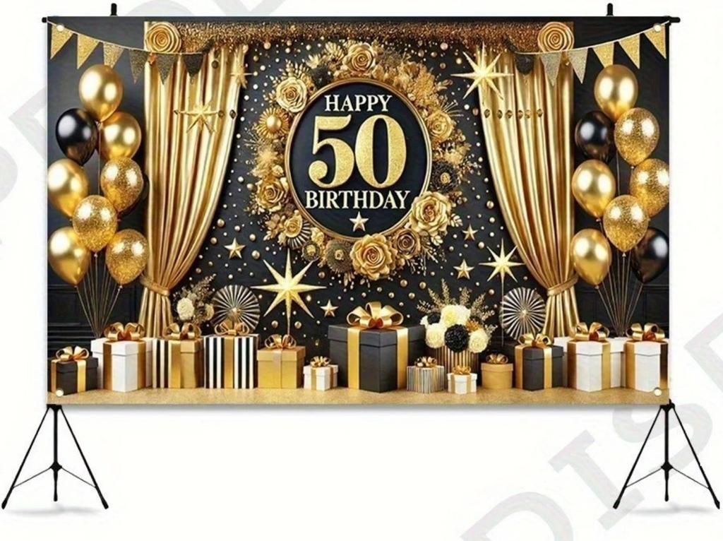 Black and Gold Balloon Gift Themed Banner Photography Backdrop Adult 50th Birthday Party Home Decoration Photography Backdrop