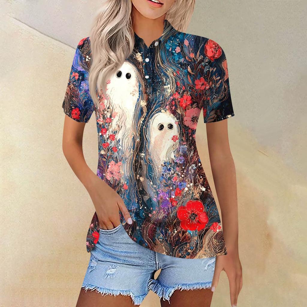Women's Fashion Casual Lapel Short Sleeve Printed Shirt Women's Button Up Tops