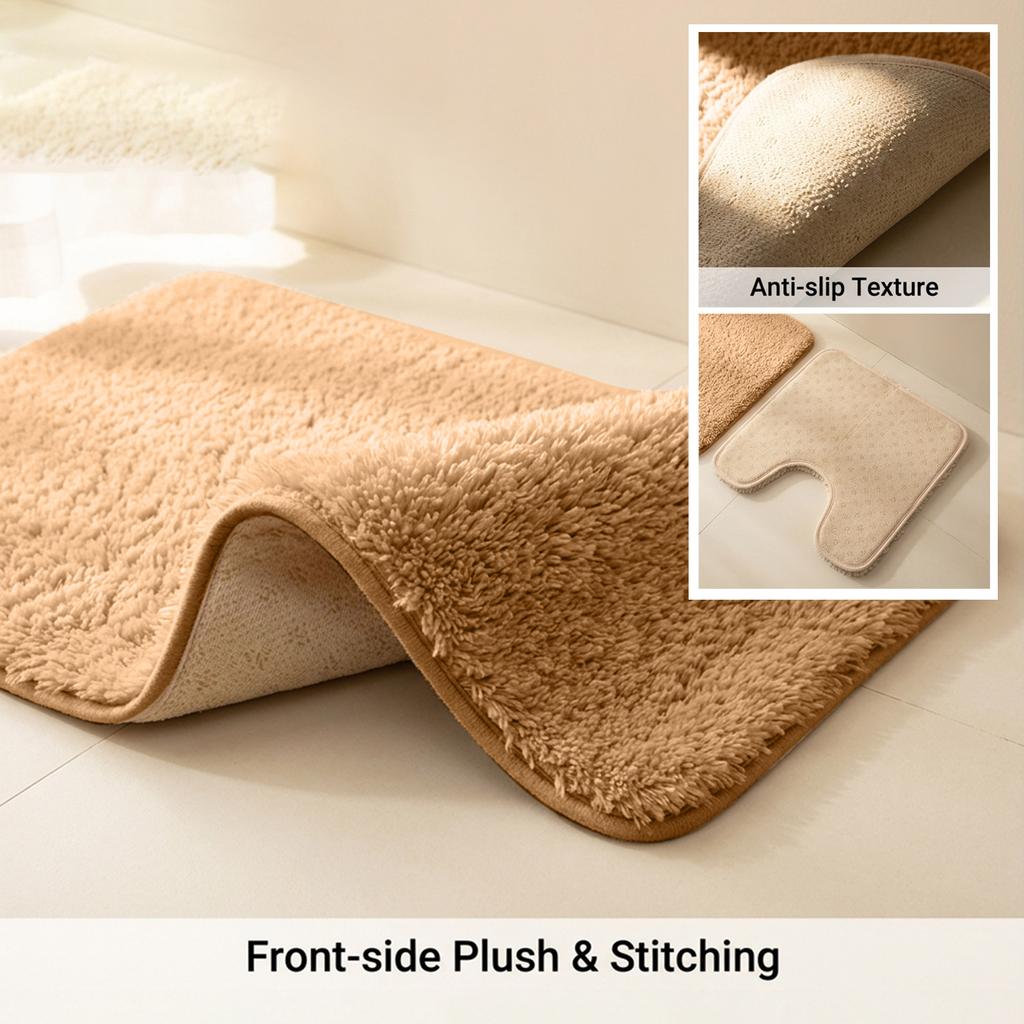 Bathroom Rug Set 3 Piece Includes Non Slip Bath Mat Contour Rug and Toilet Lid Cover Soft Shaggy Microfiber Absorbent Mat for Home Hotel Use