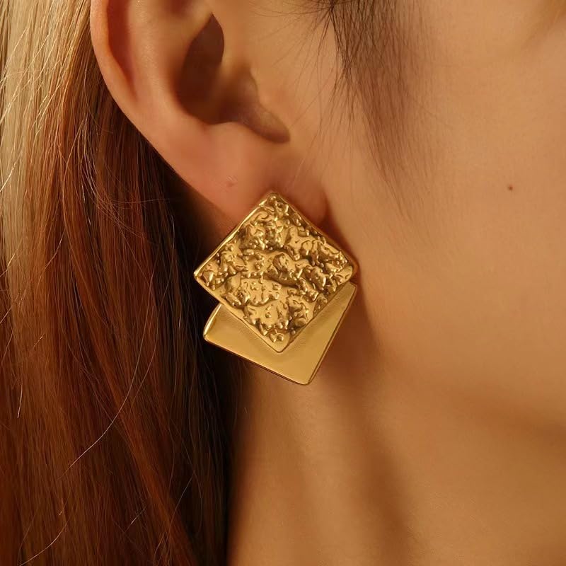 18K Gold Plated, Bold Geometric Square Statement Studs – Modern Retro Jewelry for Parties, Fashion Events  Style Random Shipping
