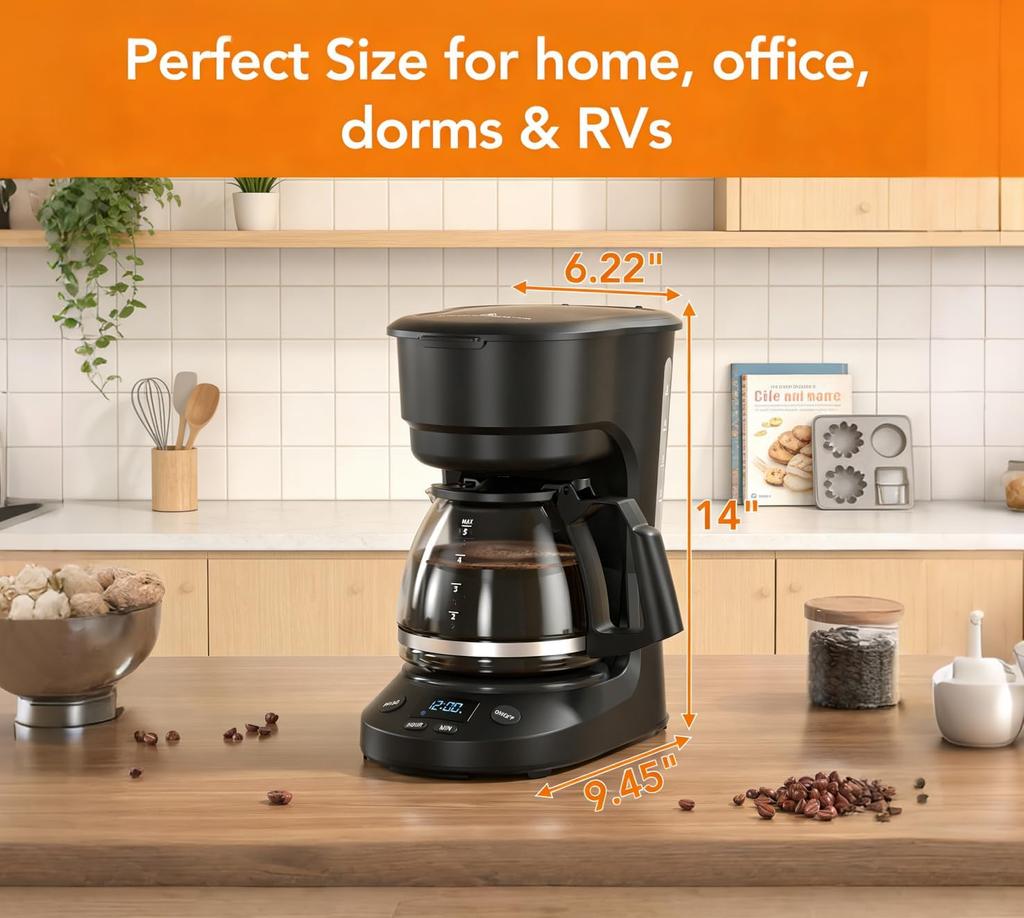 5-Cup Drip Coffee Maker, a Compact Coffee Machine with a Digital Clock and 24-hour Programmable Timer, Featuring Auto