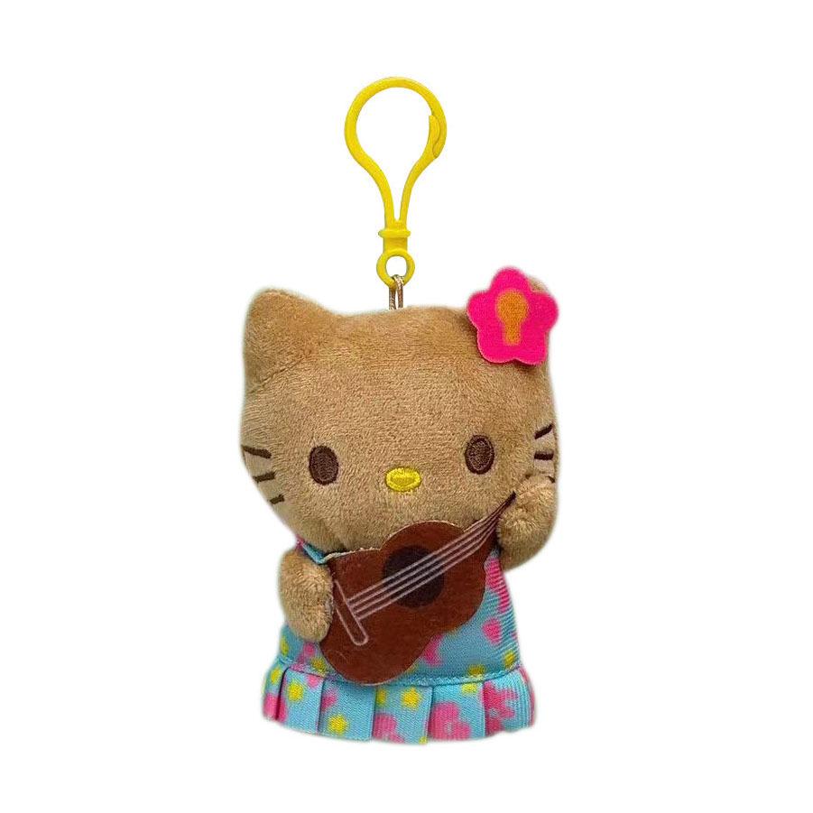 Adorable Cartoon Black Cat Plush Keyring with Surfing Beach Ring Pendant