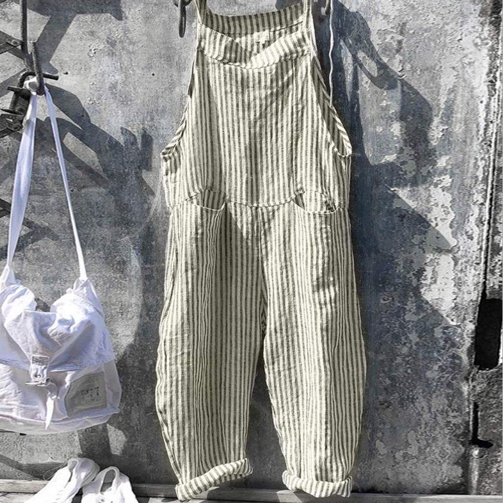 Women's Casual Fashion Pocket Tie Sleeveless Striped Jumpsuit