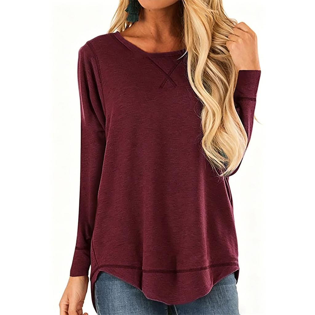 Women's Casual Long Sleeve T Shirt Loose Fit Crew Neck Irregular Hem Front Short Back Long Lightweight Pullover Top