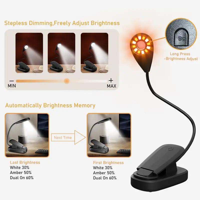No Blue Book Light LED Reading Light USB 1000mAh Rechargeable Clip On Blue Blocking Amber LED Light Reading in Bed 1600K