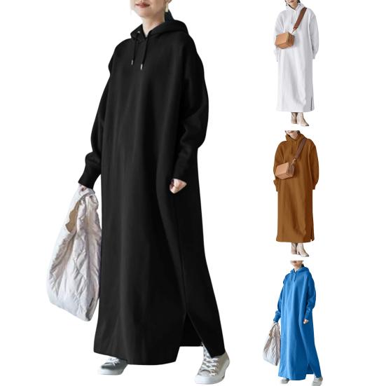 Kordelzug, lange Ärmel, seitlicher Schlitz am Saum, verdicktes Fleece-Futter, Sweatshirt-Kleid, Herbst-Winter, einfarbig, übergroßes, warmes Maxikleid mit Kapuze