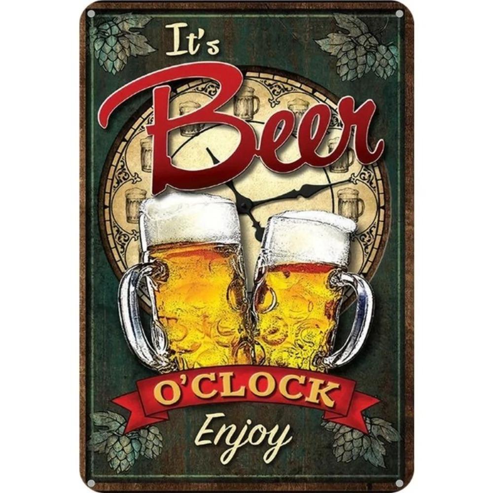 Vintage Metal Beer Clock Sign Rectangular Tin Poster Bar Wall Art 20x30 cm