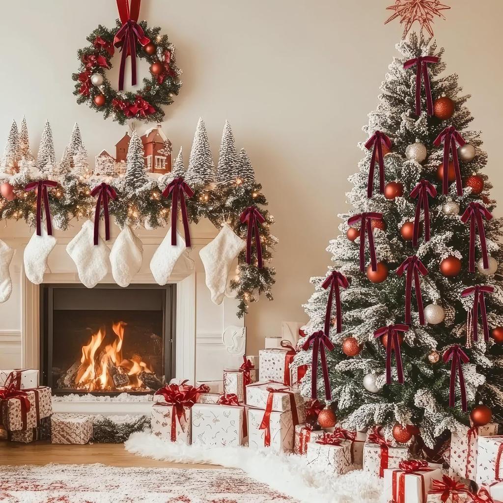 24 szt. Aksamitne kokardy ozdoby na choinkę Vintage aksamitne kokardy wstążkowe na girlandę, wieniec, dekoracje świąteczne do wnętrz