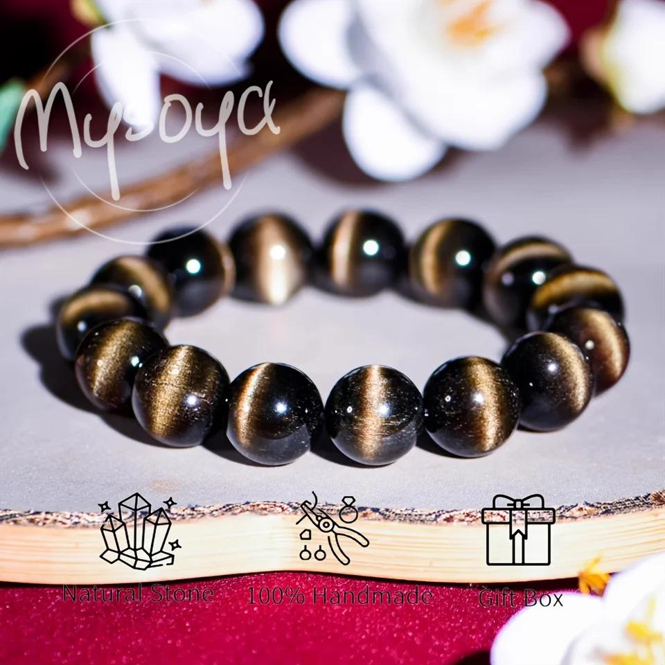 MYSOYA 7A+ Mexican Gold Obsidian Cat s Eye Bracelet with Gift Box - CB20 14 cm