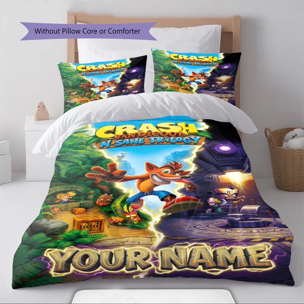 Name Custom Crash Bandicoot Pattern Bedding Set Quilt Cover Pillowcase Home Decor Gift (1 * duvet cover + 2 * pillowcase, without core)