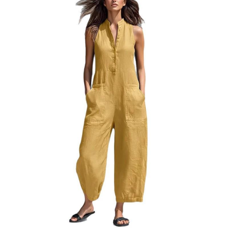 2026 Womens Sleeveless Stand Collar Pocket Jumpsuit Loose Fit Cotton Linen Casual Romper