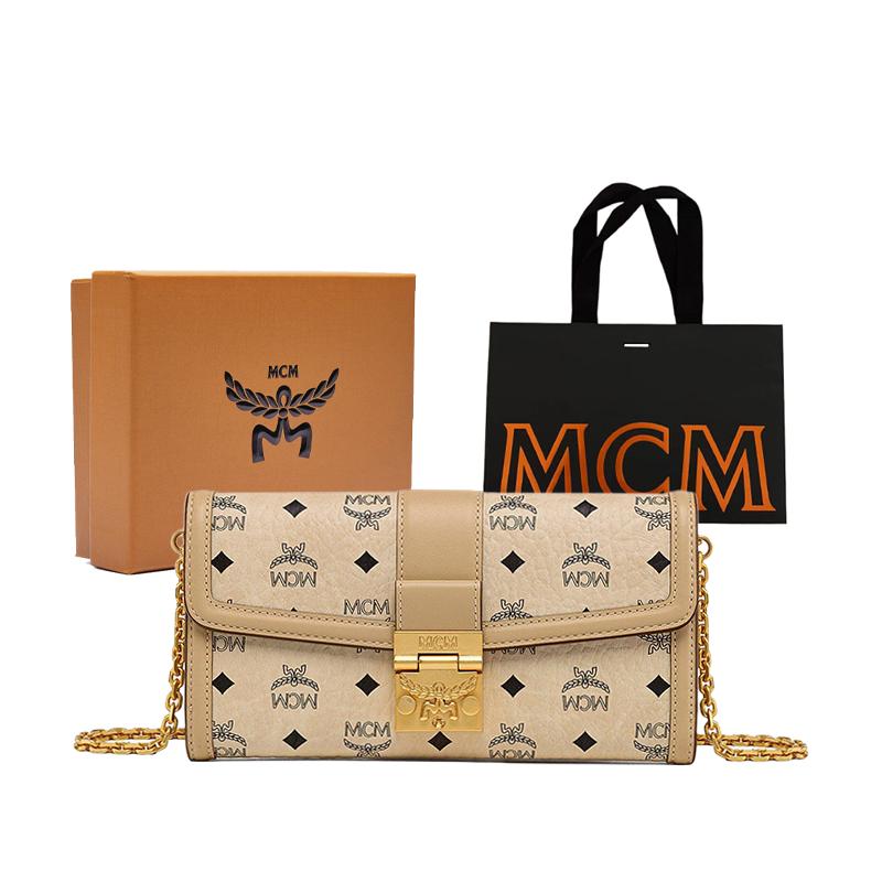 MCM Tracy Metall-Logo Monogramm-Print Ketten-Schultergurt Beschichtetes Canvas und Lederbesatz Große Crossbody-Tasche Damen Crossbody-Tasche Beige MYLDSXT01I8001