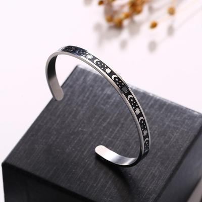 Edelstahl Sonne Mond Stern Geätztes Offenes C-förmiges Armband