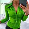 Elegant Women Solid Color Shirt Lapel Long Sleeve Office Tops Pleated Single Breasted Blouse Workwear