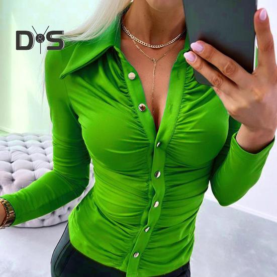 Elegant Women Solid Color Shirt Lapel Long Sleeve Office Tops Pleated Single Breasted Blouse Workwear