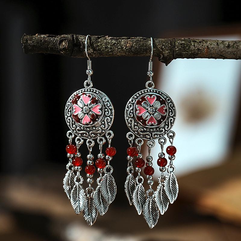 Vintage Ethnic Crystal Bead Leaf Dangle Earrings for Women Silver Color Carved Handmade Earring Female Pediente Bijoux