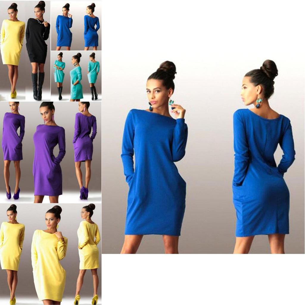 Elegant Summer Solid Casual O Neck Long Sleeve Bodycon Dress With Pockets