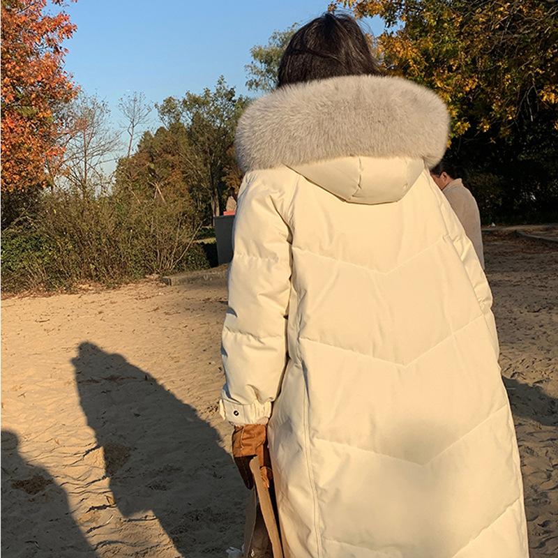 New white duck down jacket women's winter fox fur collar hooded thickened knee medium and long coat