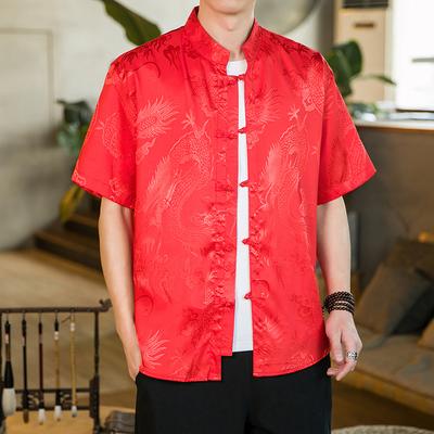 2025 Summer Mens Tang Short Sleeve Shirt Top Men Chinese Style Silk Ethnic Hanfu Male Pan Buckle Shirt Kung Fu Tai Chi Clothing