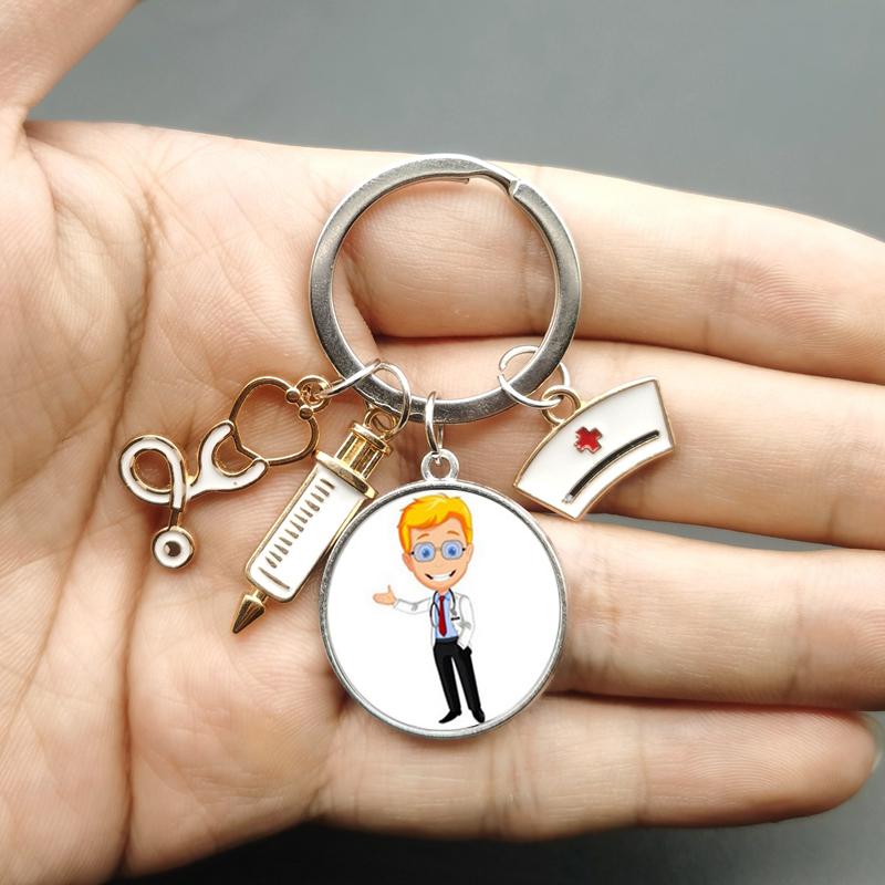 Paint Fashion Creative Nurse Medical Syringe Stethoscope Image Keychain Glass Suitable Nurses and Doctors Key Ring Pendant Gift
