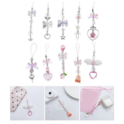 Pendentif Cœur Nœud Papillon Dragonne de Téléphone Chaîne de Téléphone Amovible Lanière de Téléphone Perles Porte-clés Faits Main pour Portefeuille Sac