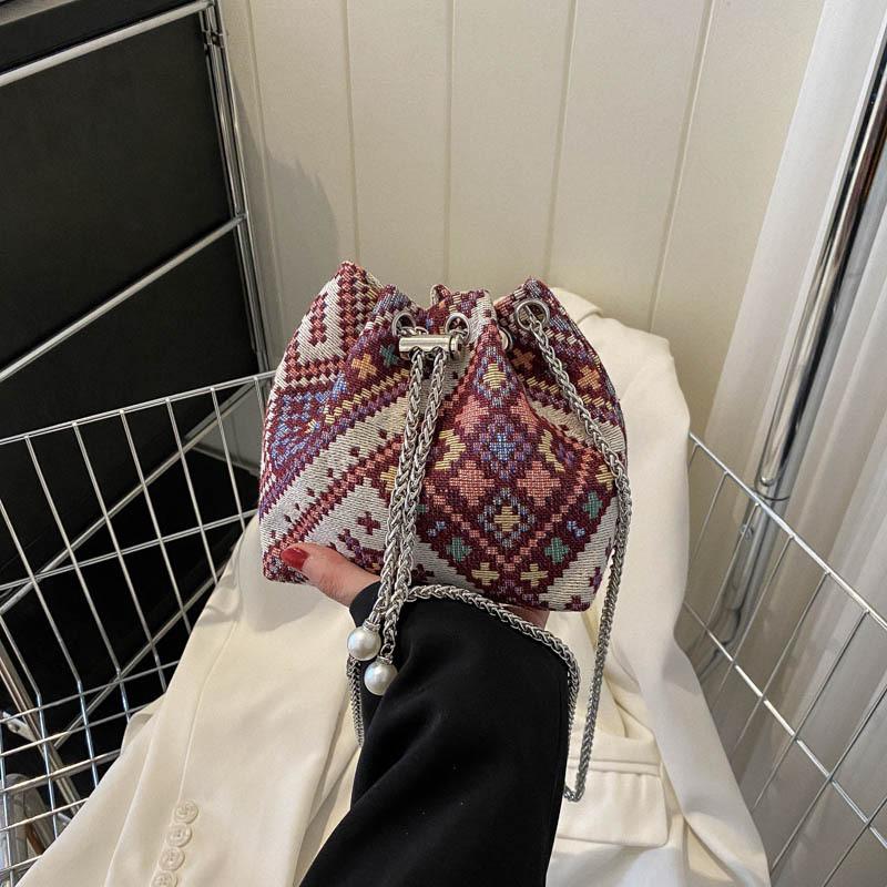 Chic Round Cotton Linen Crossbody Bag With Colorful Stitching And Soft Texture