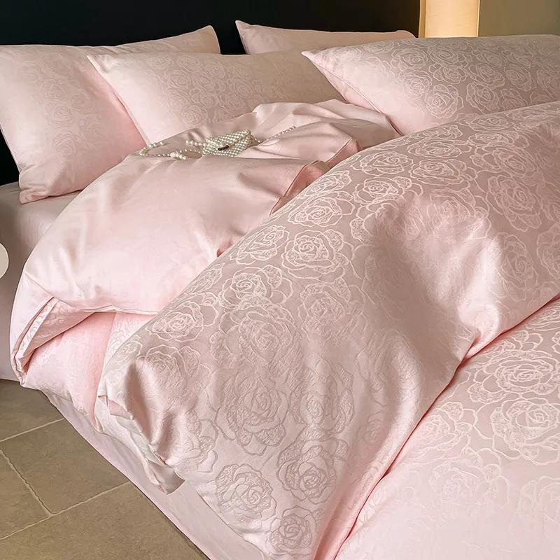Light Luxury Satin Jacquard Solid Fitted Sheet Sets Pure Cotton Skin-Friendly Soft Quilt Cover 1.5/1.8M Bed Bedding for Adults