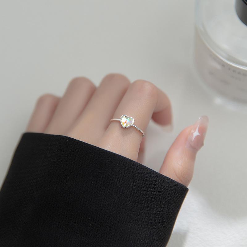 Gradual Change Aurora Colorful Moonstone Love Open Ring Light Luxury Heart Index Finger Ring Sweet And Cool Style