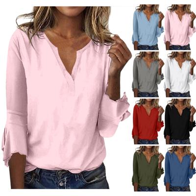 Damen Top Locker Lässig V-Ausschnitt Einfarbig Blusen Glocke 3/4 Ärmel T-Shirt