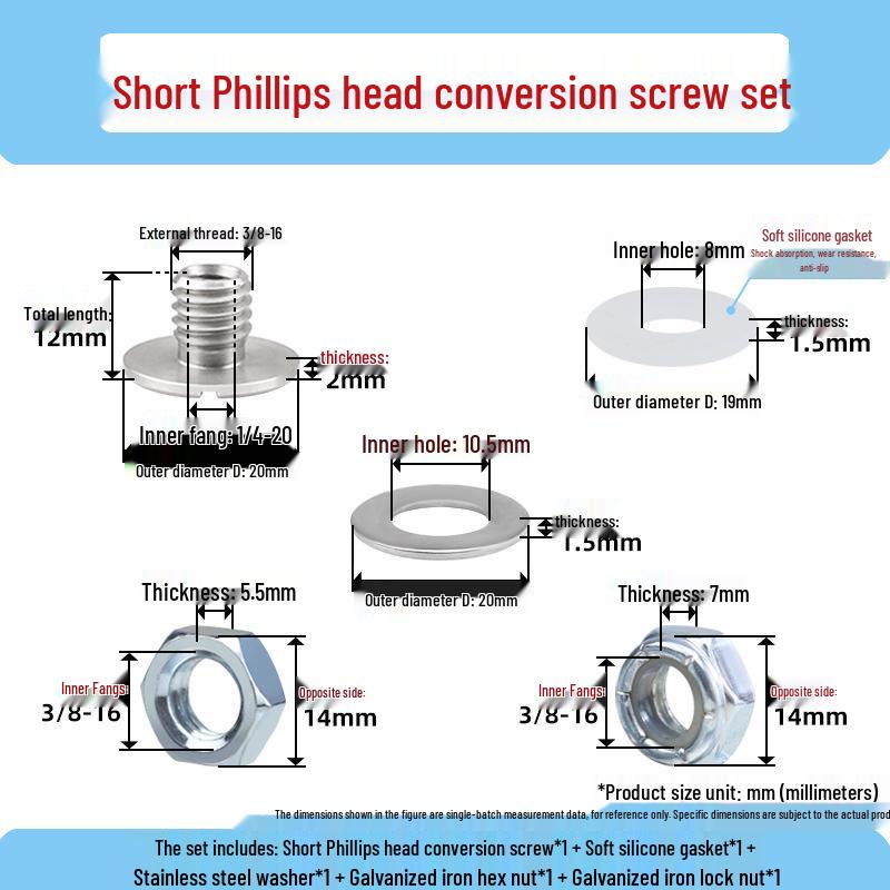 Stainless Steel 3/8 to 1/4 Pan Tilt Tripod Adapter with Dual Hole Conversion Nut