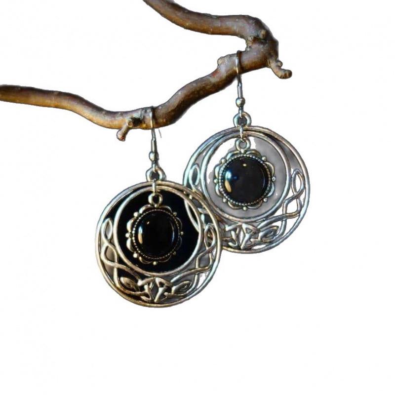 Gothic Pagan Celtic Knot Witchcraft Earrings in Black and Silver Victorian Design