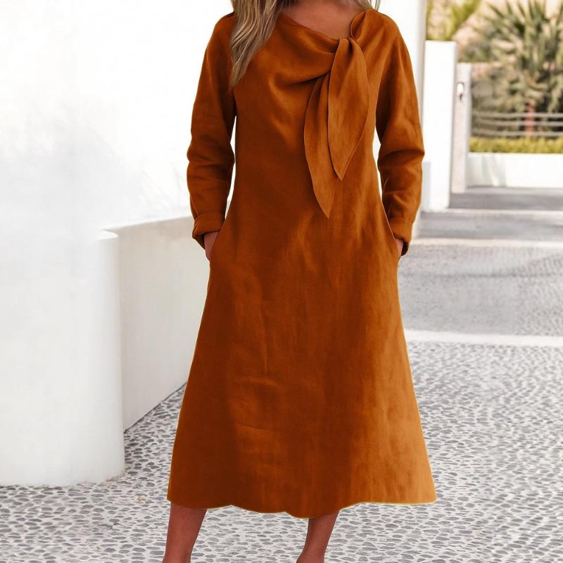 2025 New Women's Casual Round Neck Long Sleeve Pocket Cotton Linen Clean Color Dress Long Skirt