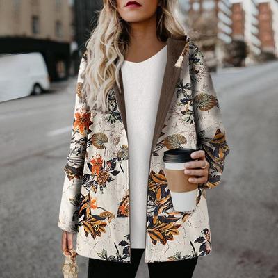 Retro Coat Floral Casual Long Sleeve Zip Fleece Jacket Manteaux Dames Women's Thermal Pocket Hoodie