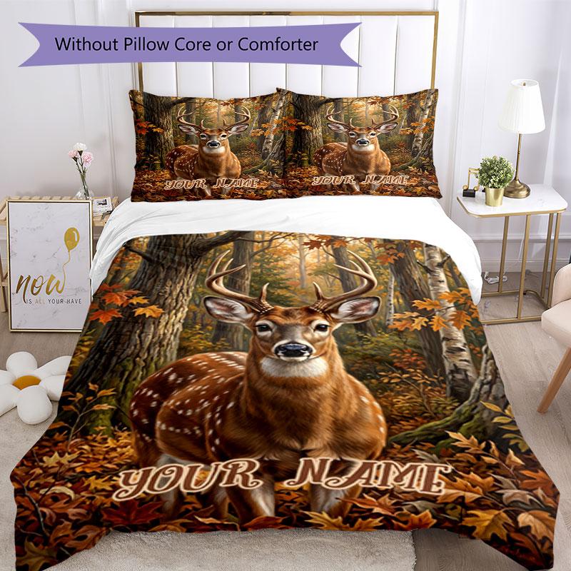 3PC Custom Name Autumnal Deer Majesty Bedding Set Duvet Cover Closure Includes 1 Duvet Cover & 2 Pillowcases for Bedroom