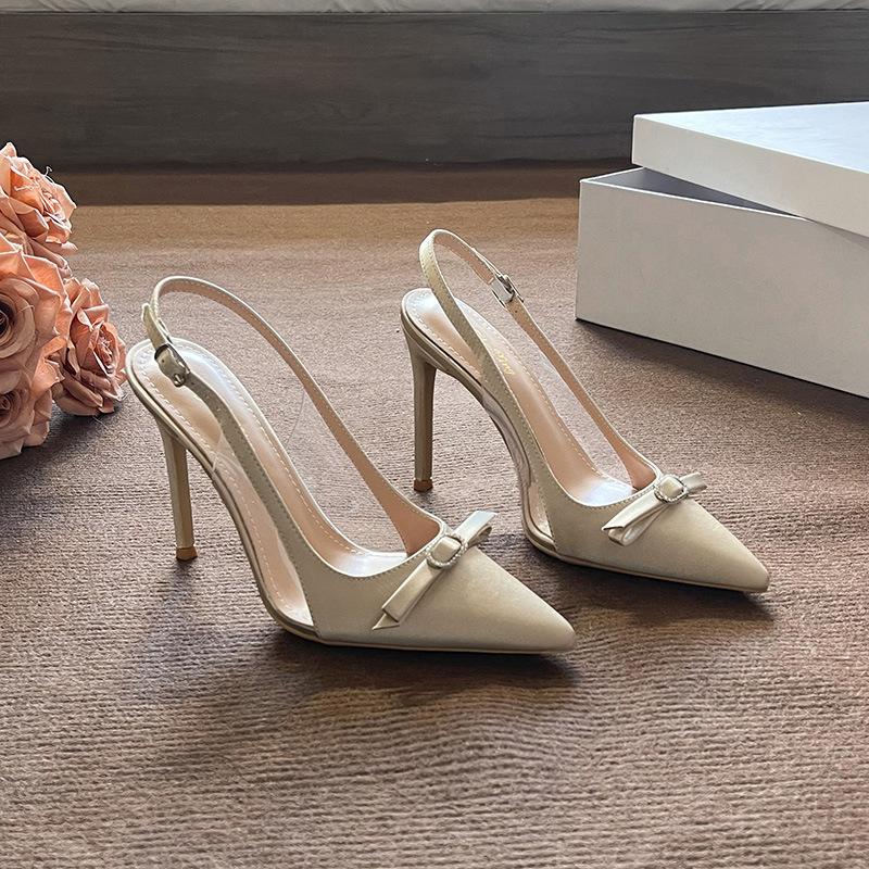 Fashion 2025 Spring And Summer New French Pointy Stiletto Heels Champagne High Heels Wrapped Head Satin Fairy Bow Sandals Pumps