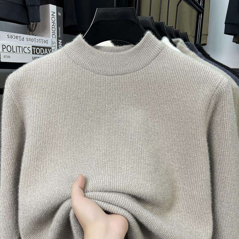 Men's High Neck Solid Color Thick Knit Sweater - Velvet Warm Base Layer for Autumn/Winter