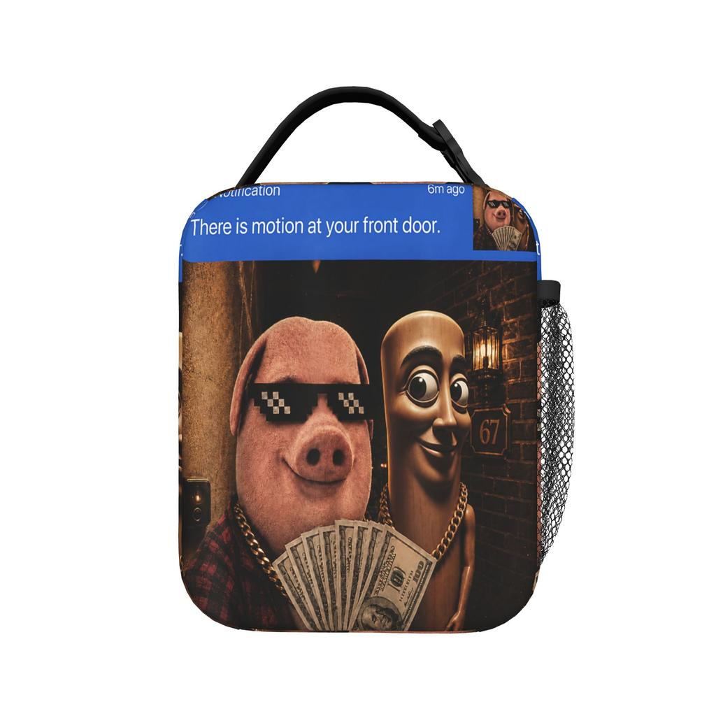 John Pork and Tung Tung Tung Sahur Front Door Motion Lunch Bag Cute Lunch Box Girls Travel Cooler Bag Oxford Thermal Lunch Bags