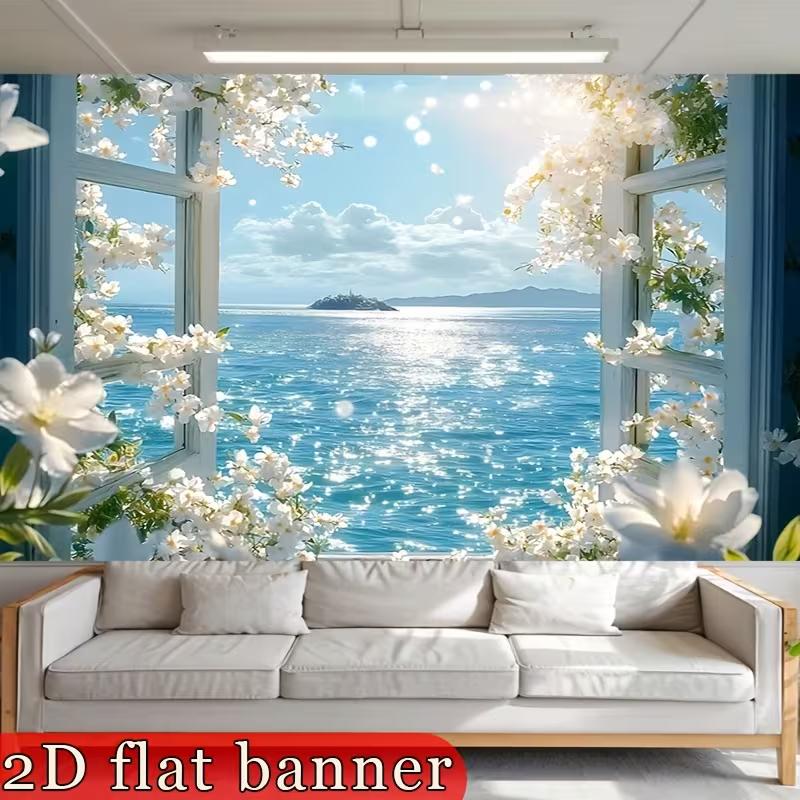 

2D Coastal Sea View Backdrop White Flower Window Photo Background 47.2x31.5inch/120*80cm