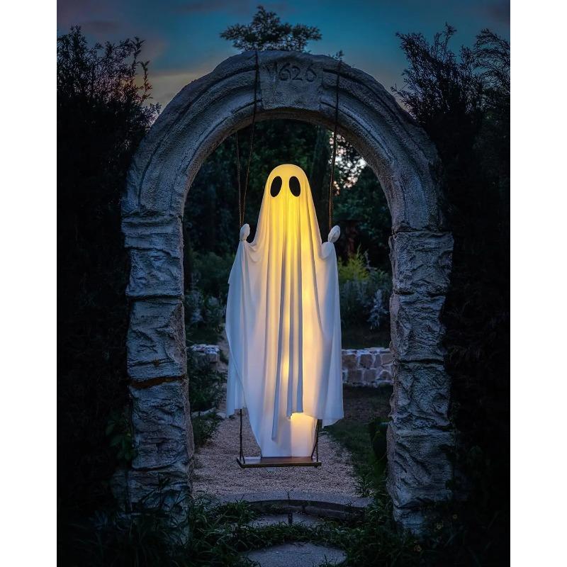 5 FT Large Hanging Swing Ghost Halloween Outdoor Decor with String Lights-Spooky Cute Ghosts Decor for Front Porch Yard Tree