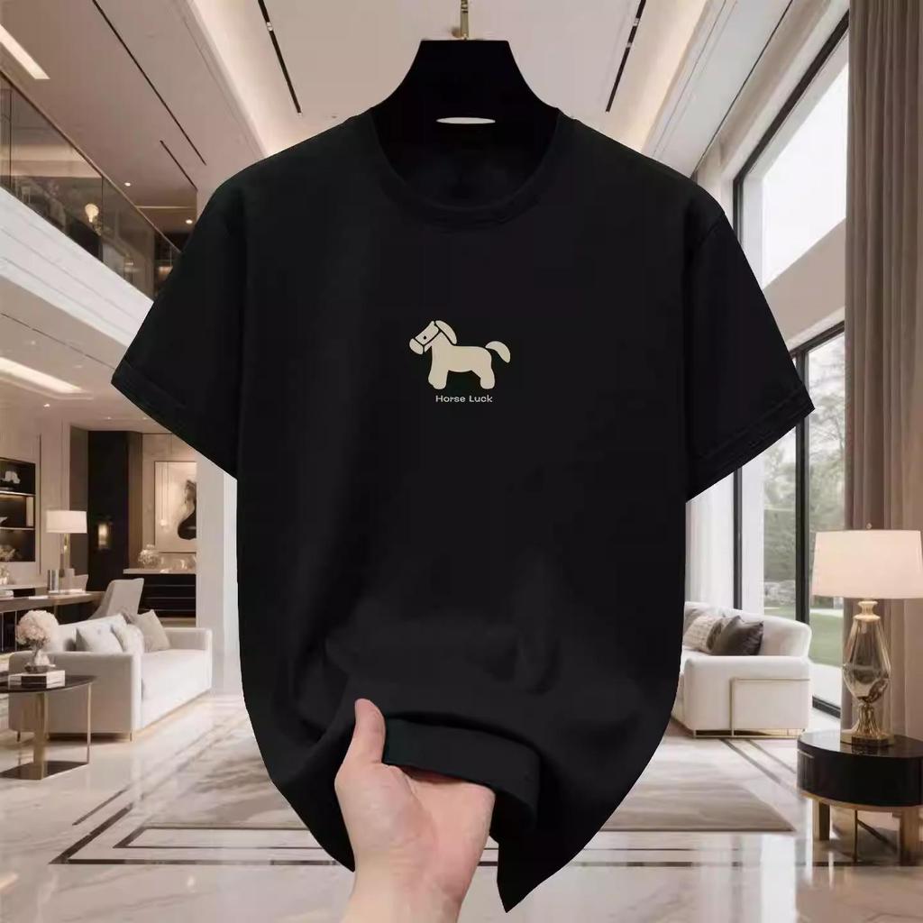 Year of the Horse Trendy Men's Wine Red Loose Short Sleeve Cotton T-Shirt