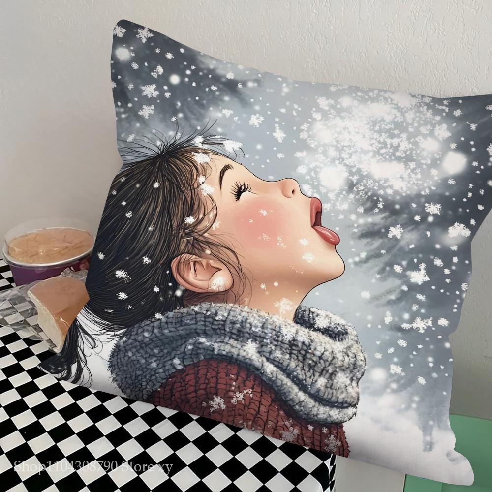 

Christmas Snowflake Little Girl Pillow Case Fashion Square Pillowcase Bedroom Sofa Room Ins Decoration Leisure Cushion Cover 16x16Inch