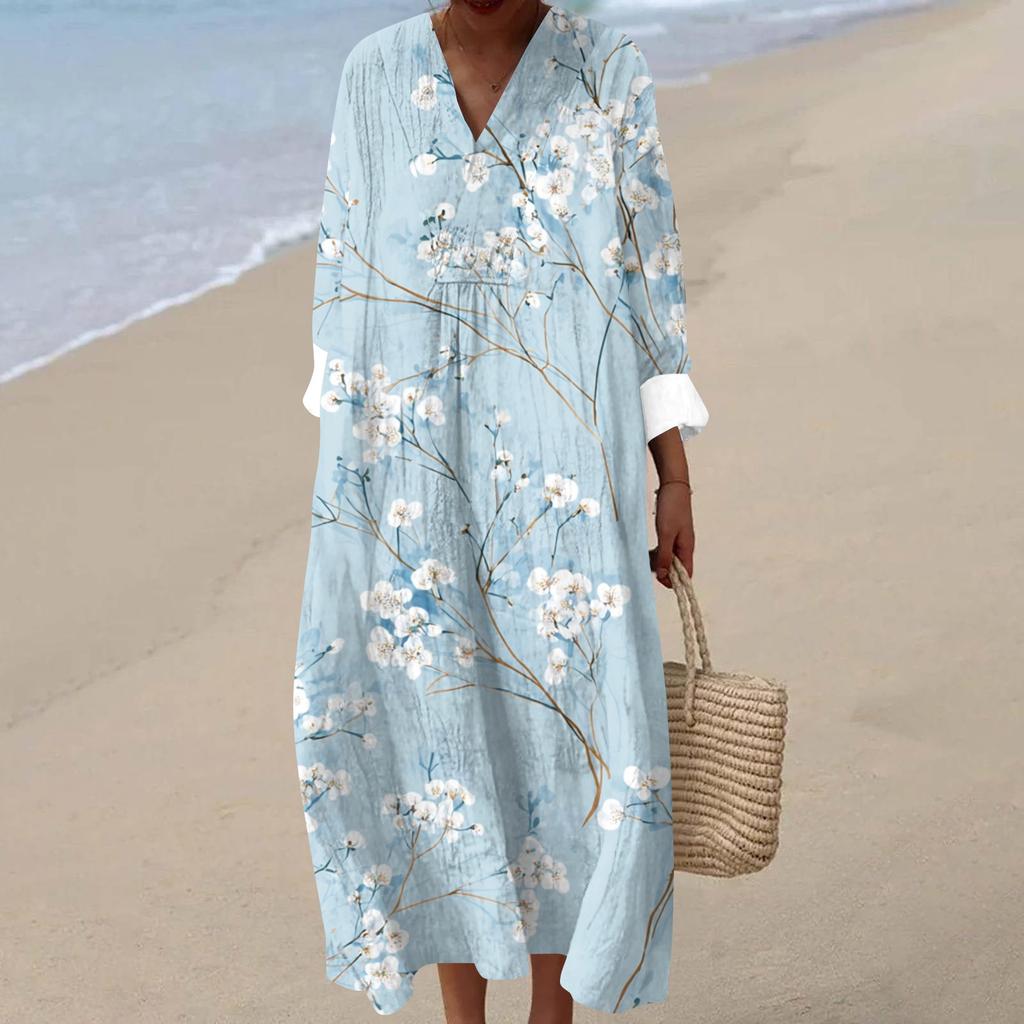 Kadın Günlük Moda V Yaka Uzun Kollu Çiçek Desenli Maksi Elbise