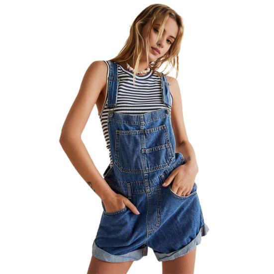 Women Suspender Jeans Denim Shorts Square Neck V-shaped Back Loose Pockets Adjustable Shoulder