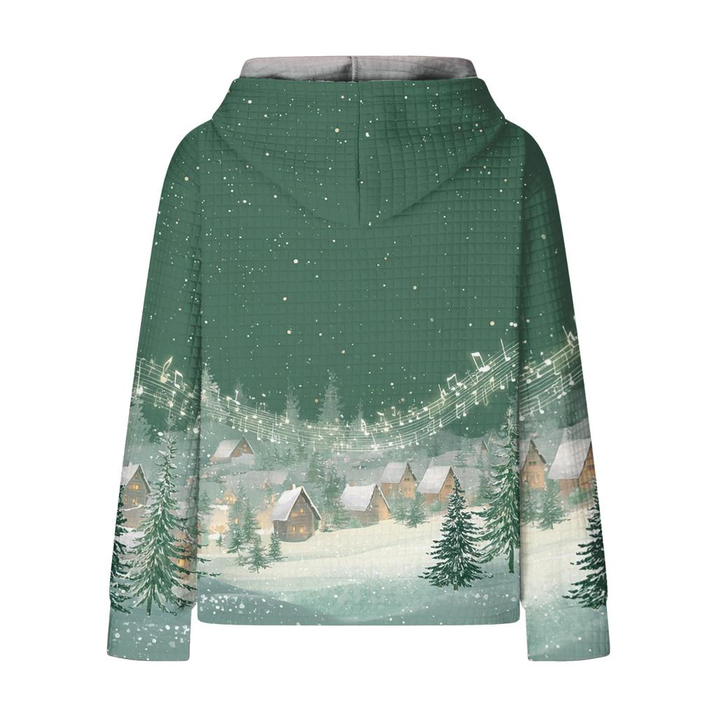 Dammode Lös Pullover med Huva Långärmad Rutig Sweatshirt med Dragsko, Nedhasad Axel, Ficka, Jultryck Topp