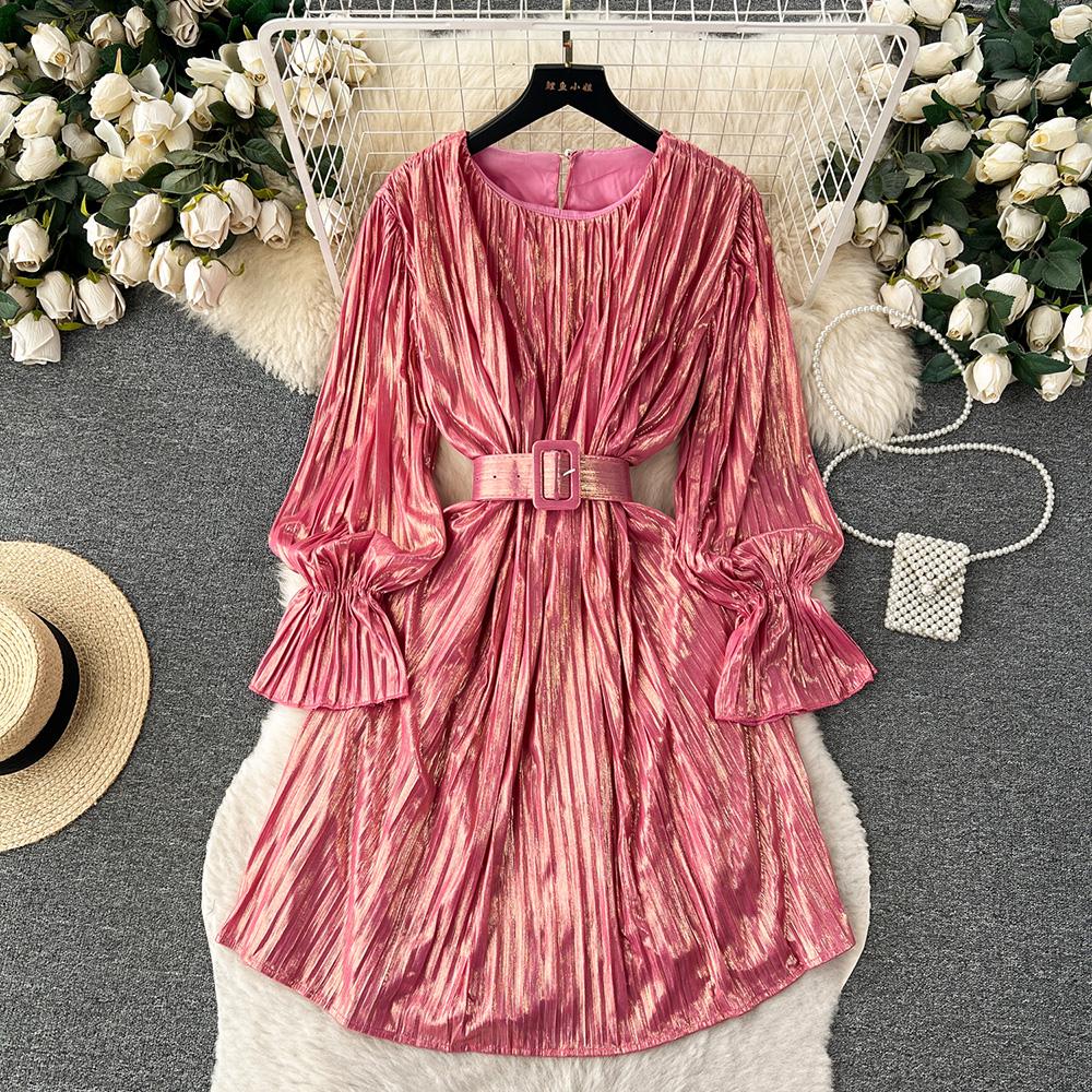 

Роскошные вечерние платья для женщин 2024 года, элегантное металлическое платье с завязкой на поясе, осеннее мини-платье с длинными рукавами и складками для женщин One Size розовый