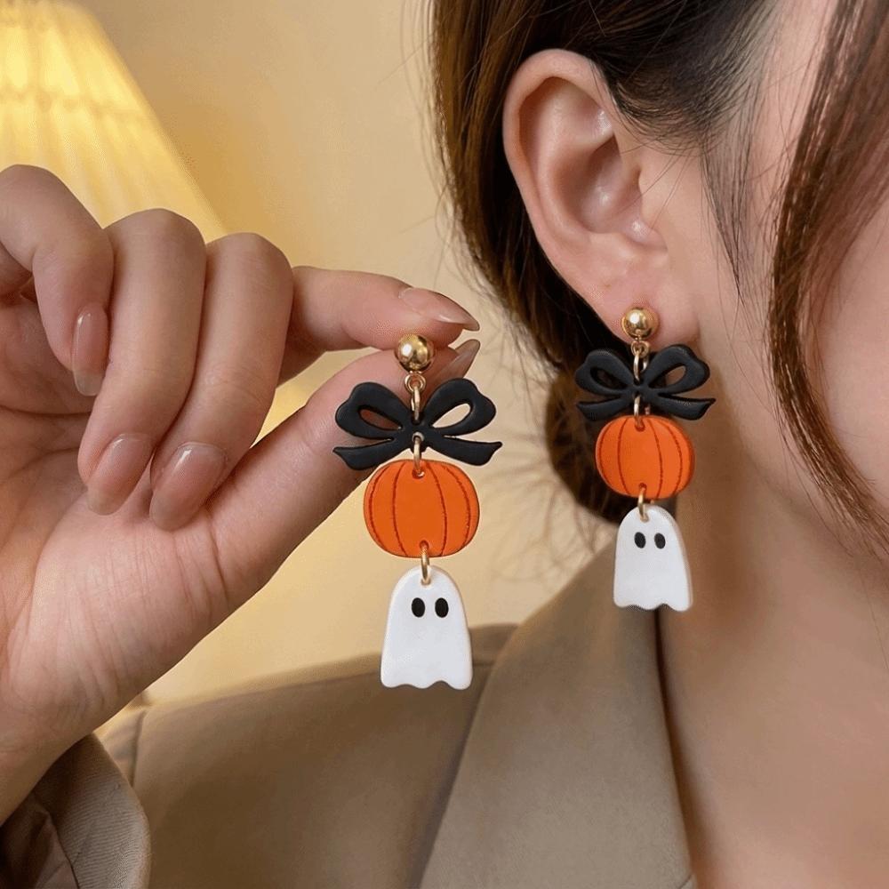 Acrylic Bow Ghost Pumpkin Earrings Spooky Charm Halloween Dangle Earrings Gothic Dress Up