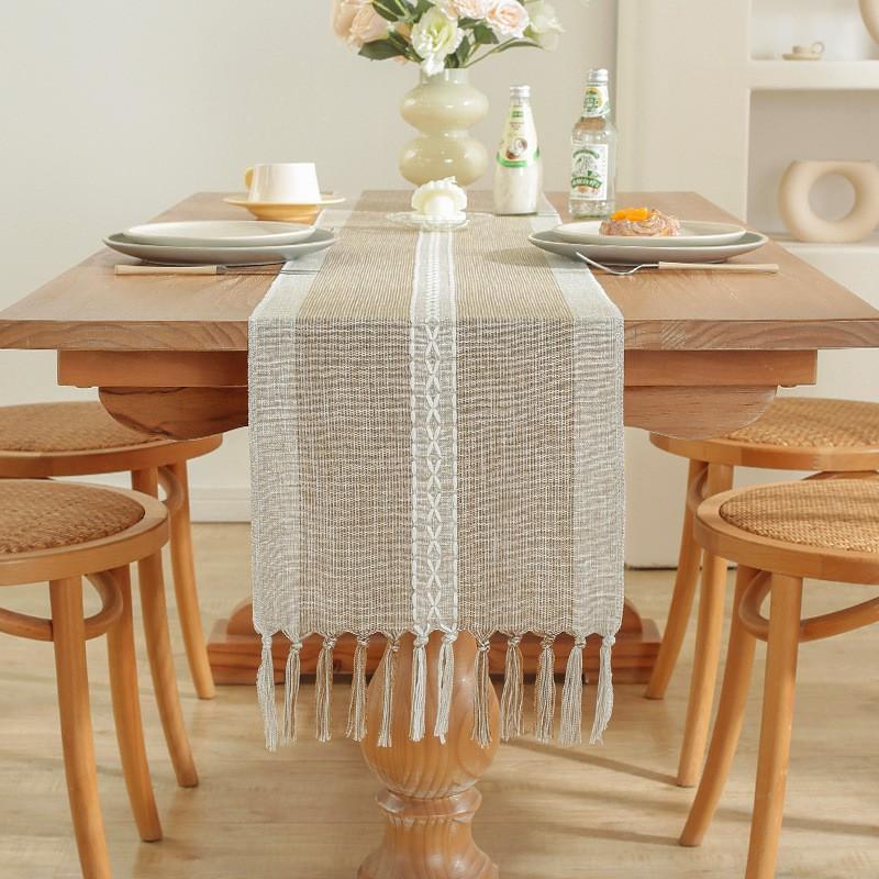 Handmade Tassel Cotton Linen Table Runner Dining Coffee Decor In American Rustic Style