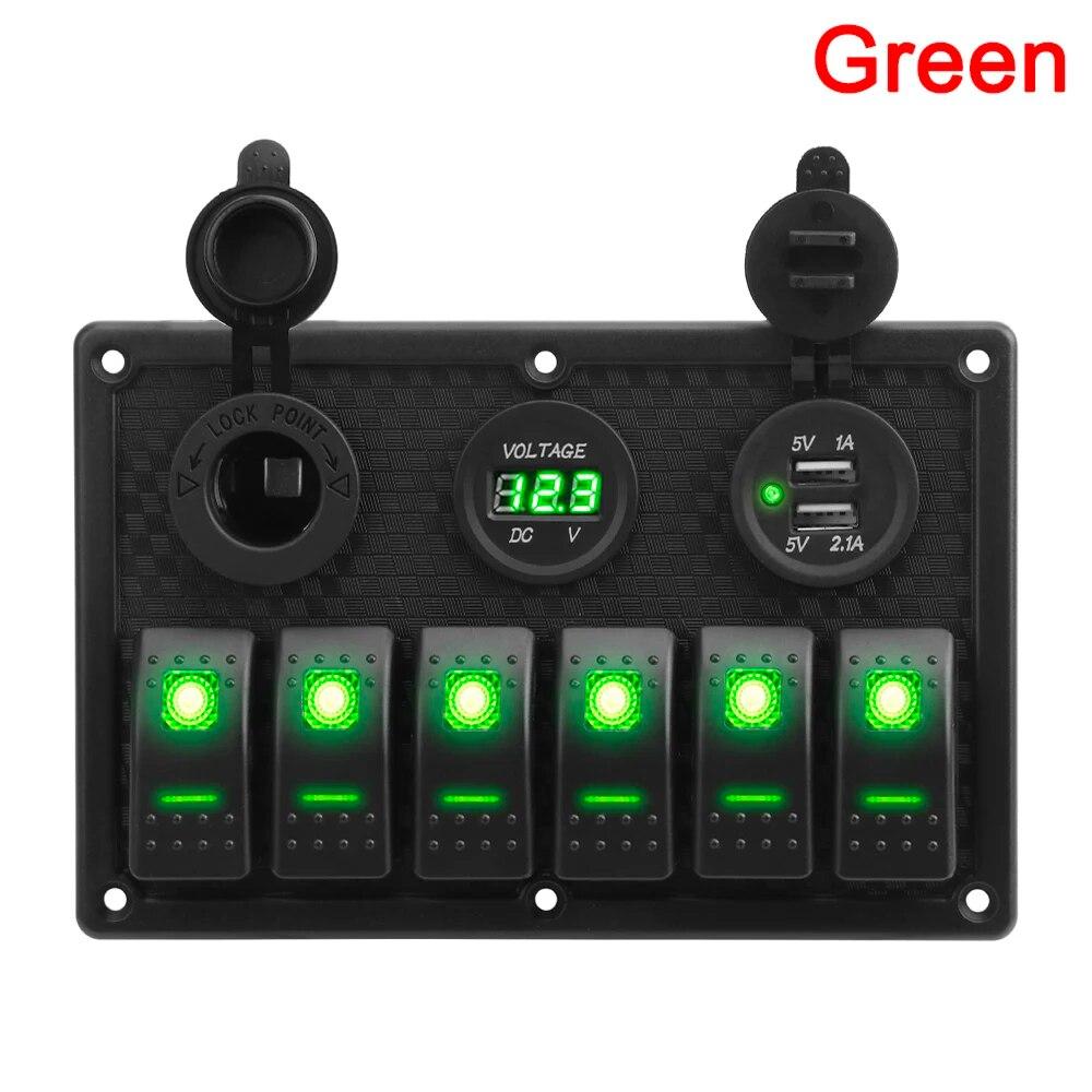 4.2A Dual USB Slot Socket 6 Gang Rocker Switch Panel Digital Voltage Display for Marine Boat Car Rv Vehicles Truck Yacht