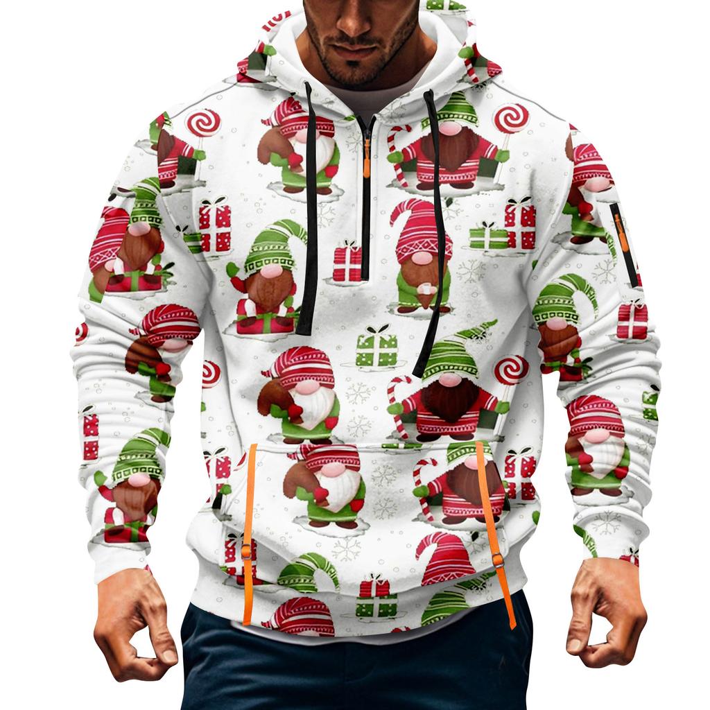 Men's Christmas Print Hooded Half-Zip Casual Sports Sweatshirt