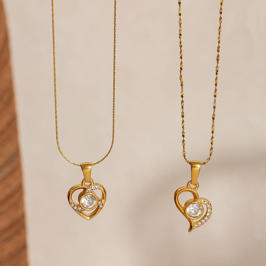 18K Zirconia Hollow Heart Pendant Necklace with Stainless Steel Chain for Women